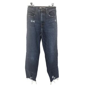 Levi's Premium 70s High Slim Straight Jeans Size 25 Dark Wash Raw Hem Distressed